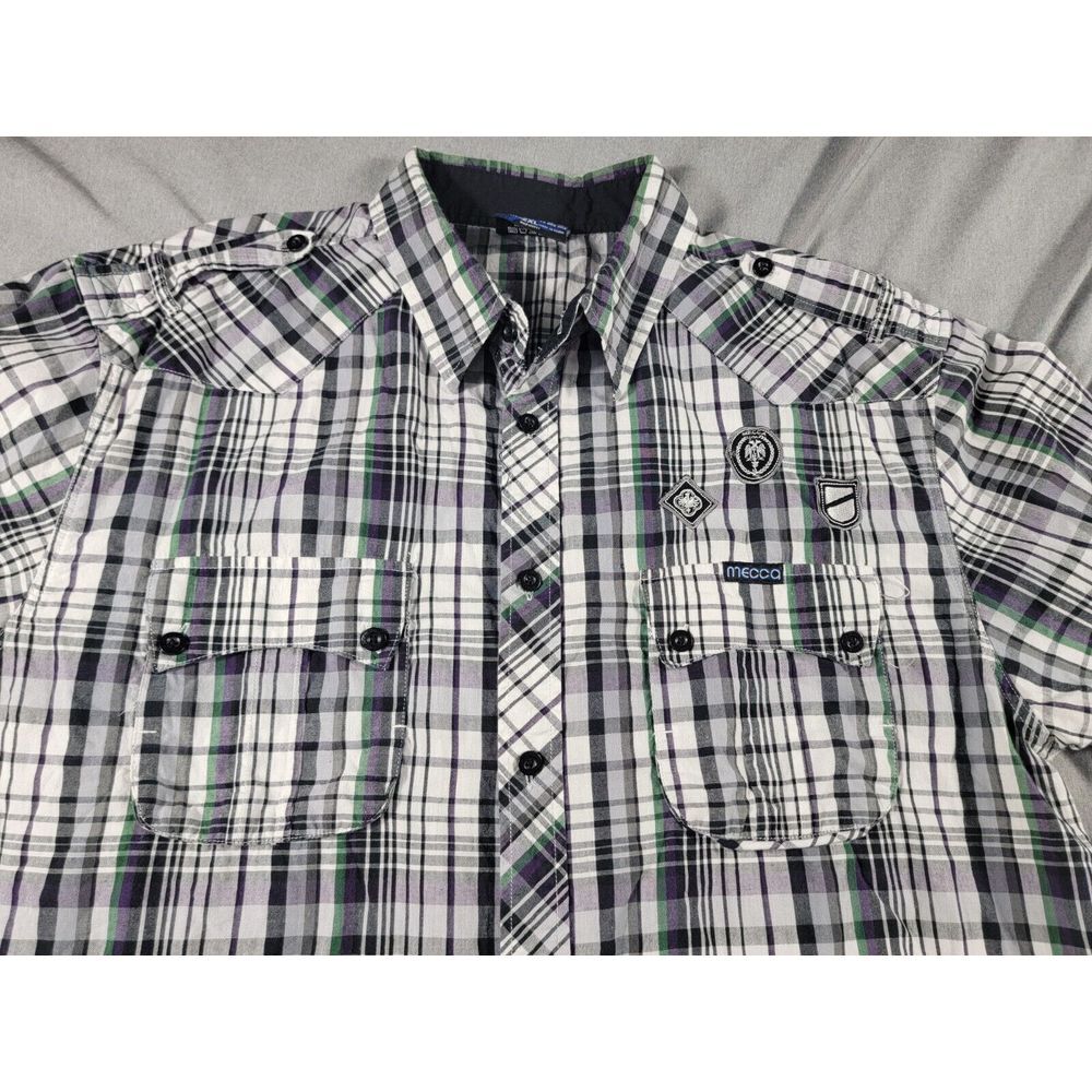 Mecca Shirt Mens 2XL Black, White, Purple,Green, Plaid‎ Short Sleeve Epaulettes